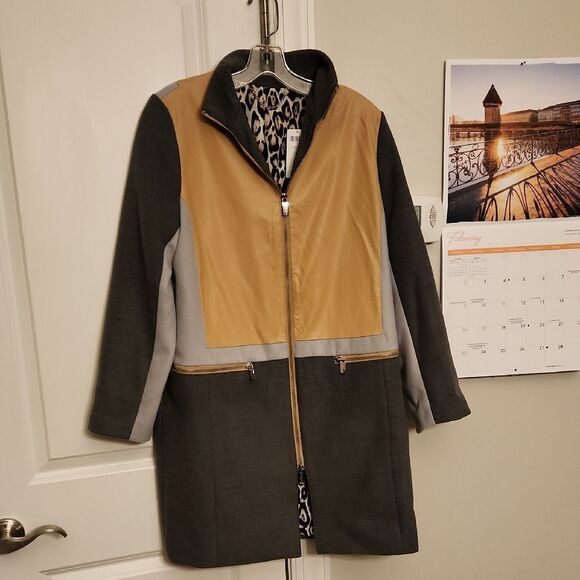 Chico's Black Label Colorblocked Topper Jacket Gray & Tan Size 1 US 8 NWT - Picture 1 of 12